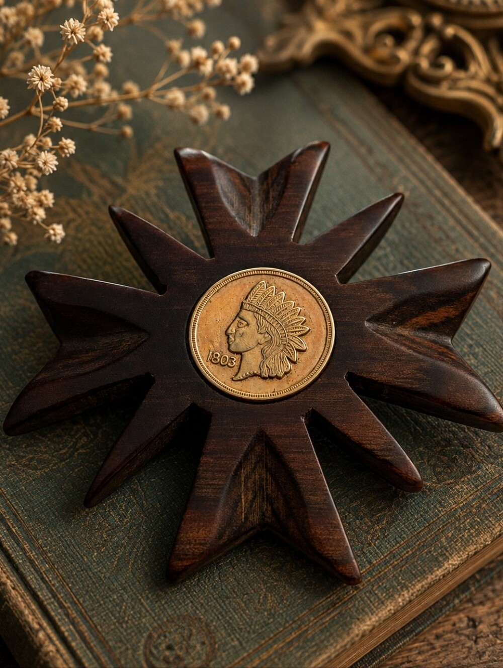 Vintage Carved Wood Sunburst Brooch | 1803 Indian Head-Style Medallion